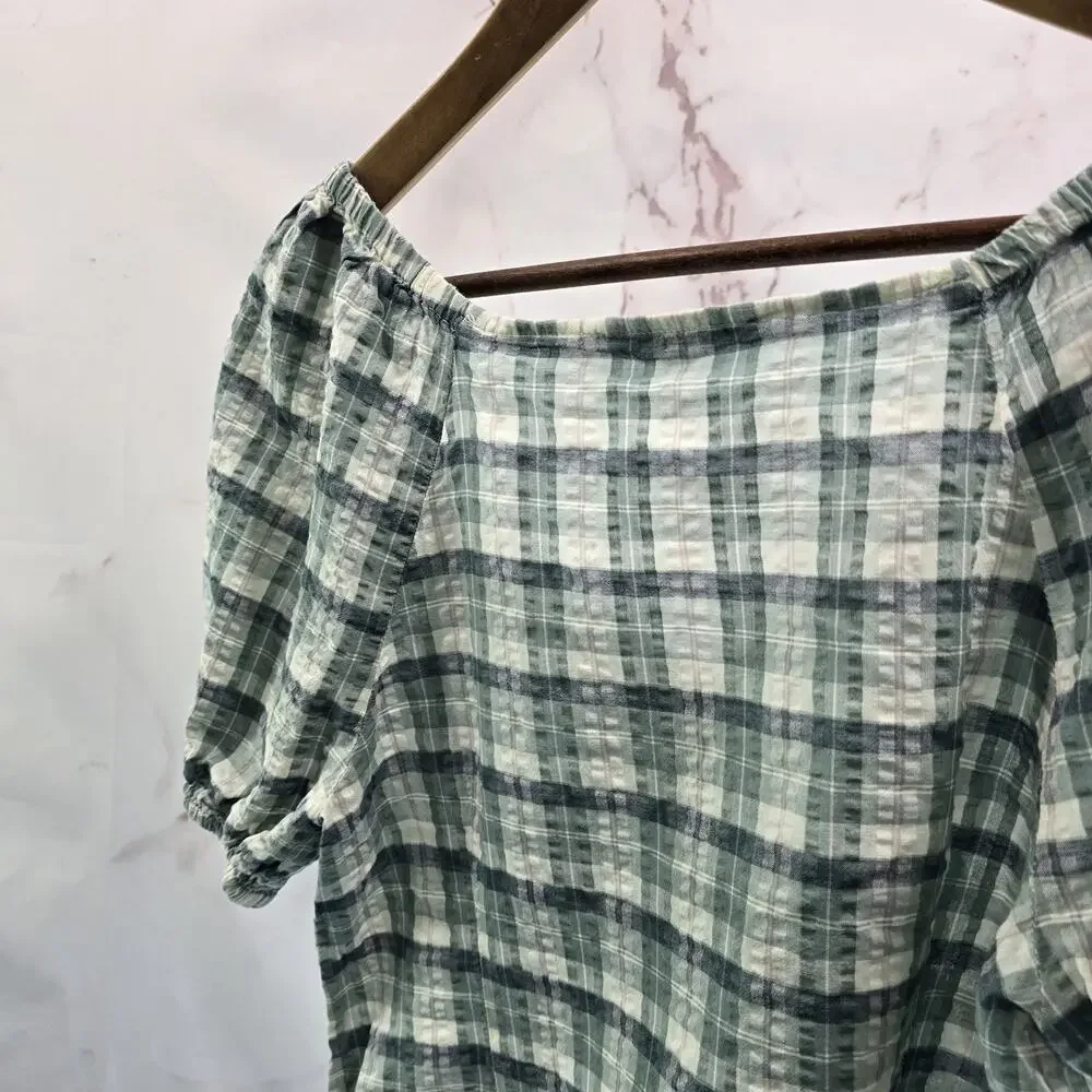 Madewell Top Womens Small Blue Plaid Puff Sleeve Babydoll Seersucker Crop